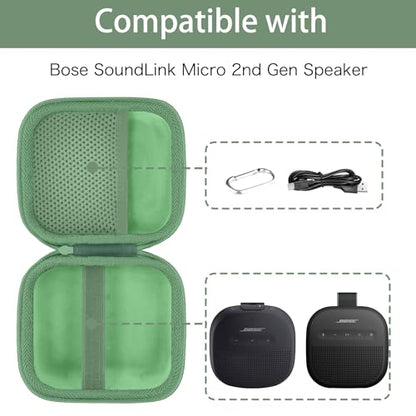 for Bose New SoundLink Micro 2nd Gen Speaker Protective Case, Grass Green | EVA Hard Shell, Soft Velvet Lining, Durable Wrist Strap, Portable Travel Bag with Carabiner, Mesh Accessory Pocket - color: Grass Green Case