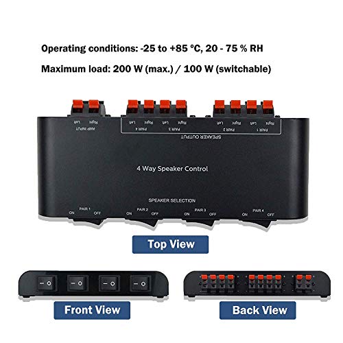 4-Channel Speaker Switcher Selector Box with Terminal Claps 200W RMS Max 100W Switchable, Black