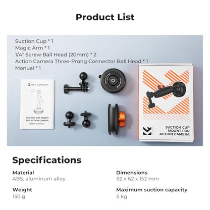 K&F CONCEPT Suction Cup Mount with Ball Head Magic Arm for Action Camera | Car Windshield Window Dash Mount Holder, 1/4" & Three-claw Adapter for GoPro Hero 13/12/11/10/9, Osmo Action 6/3/4/5 Pro XP01