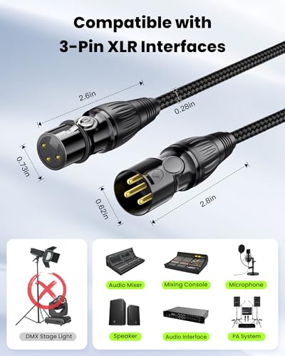 XLR Cable 6ft 2 Pack, Male to Female XLR Microphone Cable, Gold-Plated 3-Pin Oxygen-Free Copper (OFC) Shielded Nylon Braided Mic Cord for Mixer, Speaker Systems, 6 Foot - size: 6FT