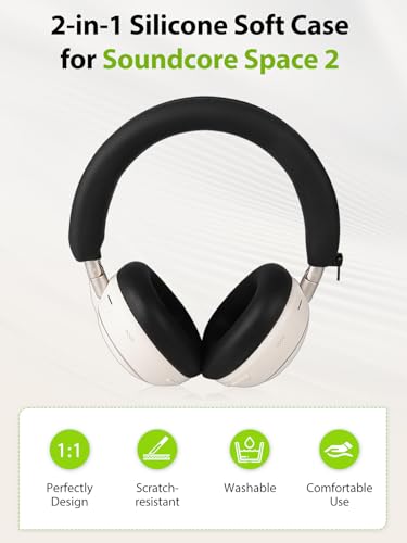 for Soundcore Space 2 Headphones 2-in-1 Silicone Earpads Covers + Headband Cushion, Soft Protective Sleeve Set for Ear Cups,Headband Strap Replacement & Hard Case, Sweat-Proof Anti-Scratch (Black)