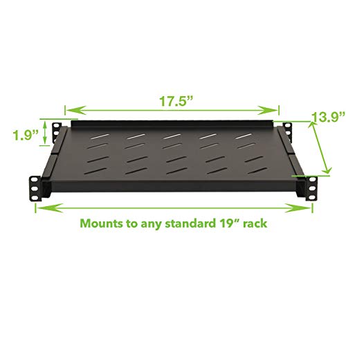 Vented 4-Post Shelf, Adjustable, Black, 350 mm Depth, 1U, 242 lbs, Cold Rolled Steel, CE Compliant - size: 14" Deep