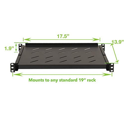 Vented 4-Post Shelf, Adjustable, Black, 350 mm Depth, 1U, 242 lbs, Cold Rolled Steel, CE Compliant - size: 14" Deep