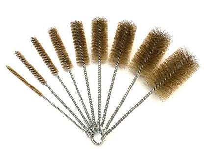 Pipe Cleaning Brush Set with Brass Bristles, 9 Piece Variety Pack for Auto Parts, Bottles,Tubes, Etc.
