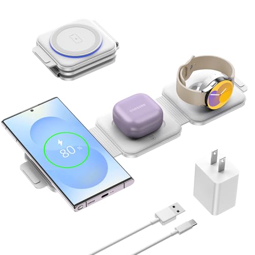 Travel Charger for Samsung Multi Devices, Foldable 3 in 1 Wireless Charging Station Fast Charging Stand/Pad Compatible for Samsung Galaxy S25/S24/S23/S22/S21/Note20 Galaxy Watch8/7/6/5/4/Galaxy Buds4 - color: white