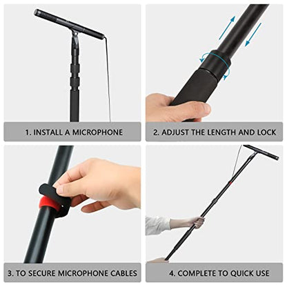 Handheld Boom Pole for Shotgun Mic, 3-Section Extendable Microphone Arm | Filming with 3/8" and 5/8" Threads, 3ft to 8.3ft Adjustable Length, Portable