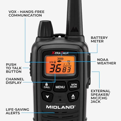 Midland - LXT600VP3, 36 Channel FRS Two-Way Radio - Up to 30 Mile Range Walkie Talkie, 121 Privacy Codes, NOAA Weather Scan + Alert (Pair Pack) (Black) - style: Pair Pack