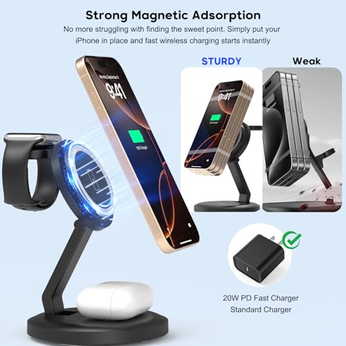 3 in 1 Foldable Wireless Charger iPhone Charging Station, 2Pack Magnetic Stand Wireless Charger Dock for Apple Multple Devices, with PD Adapter and USB C Cable for iPhone, iWatch & Airpods All Series