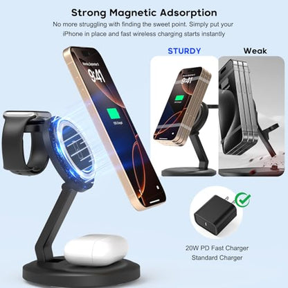 3 in 1 Foldable Wireless Charger iPhone Charging Station, 2Pack Magnetic Stand Wireless Charger Dock for Apple Multple Devices, with PD Adapter and USB C Cable for iPhone, iWatch & Airpods All Series