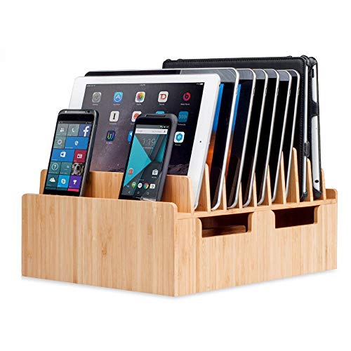 MobileVision Bamboo 10-Port Charging Station & Docking Organizer for Smartphones & Tablets, Family-Sized, for use in Corporate Offices & Classrooms - color: Stand Only