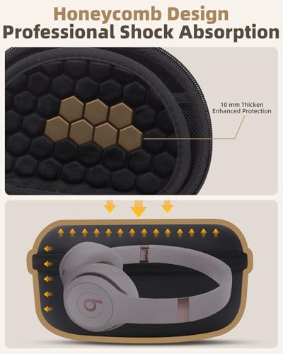 Hard Case for Beats Solo 4/Solo 3/Studio Pro/Studio3 On-Ear Headphones | Universal Portable Travel Organizer Bag, with Honeycomb Lid Protection - color: Black