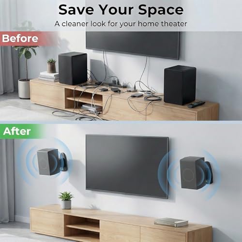 Upgraded Universal Metal Speaker Wall Mount, Swivel & Tilt, Speaker Mount for Small Speakers with 1/4-20, M4 M5 M6 Thread & Keyhole, For Samsung, Bose, JBL, Klipsch, Sony, Built-In Level, 2 Pack