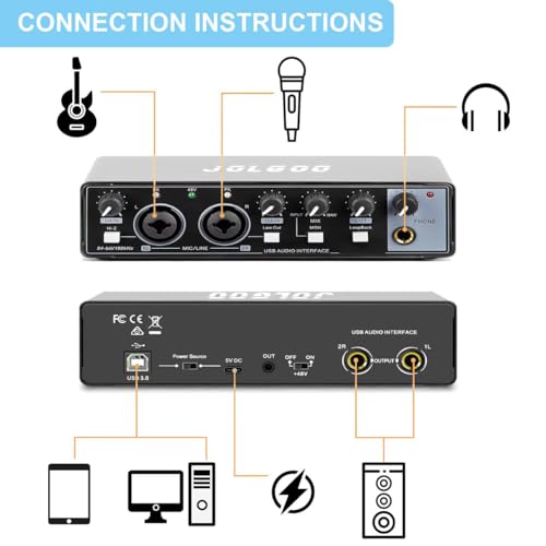 USB Audio Interface, Jolgoo 24-Bit/192kHz Plug & Play Recording Sound Card | 24-Bit/192kHz Resolution, Plug and Play, XLR Line In, Low Latency for PC Mac Smartphone
