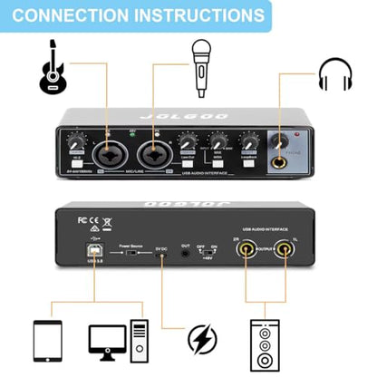 USB Audio Interface, Jolgoo 24-Bit/192kHz Plug & Play Recording Sound Card | 24-Bit/192kHz Resolution, Plug and Play, XLR Line In, Low Latency for PC Mac Smartphone