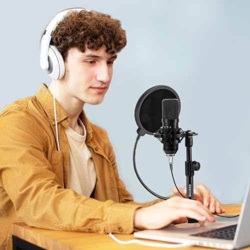 Multifunctional Desktop Microphone Stand, Adjustable Mic Stand Desk with Pop Filter, Shock Mount, Microphone Clip, 5/8" to 3/8" Metal Screw Adapter (Pack of 2) - size: Round Base (Pack of 2)