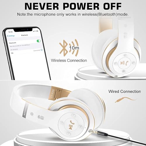 6S Bluetooth Headphones Over-Ear, Hi-Fi Stereo Foldable Wireless Stereo Headsets Earbuds with Built-in Mic, Volume Control, FM for iPhone/Samsung/iPad/PC (Blue) - color: White & Gold