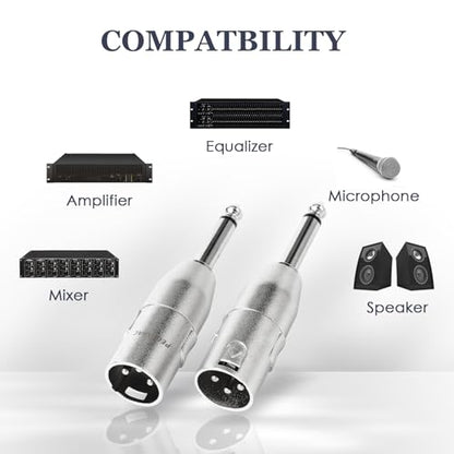 4-Pcs XLR Male to 1/4" 6.35mm TRS Male Adapter, Silver | Diecast Zinc Alloy Shell, Low Noise, Pro-Grade Sound, Tight Fit, Conversion Adapters For Mic, PA, DJ, Instrument, Studio Gear - size: 4 pcs M-M, style: 1/4" to XLR Adapter