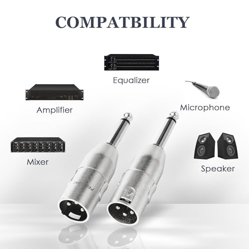 2-Pcs XLR Male to 1/4" 6.35mm TS Male Adapter Silver | Diecast Zinc Alloy Shell, Low Noise, Pro-Grade Sound, Tight Fit, Conversion Adapters For Mic, PA, DJ, Instrument, Studio Gear - size: 2 pcs M-M, style: 1/4" to XLR Adapter