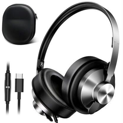 USB C Headphones Wired with Comfortable Ear Pads, Over Ear Bass HiFi Sound Foldable Travel Headphone, Durable Metal Frame, Compatible with iPhone 17/16/Samsung Galaxy S25/S24 Google Pixel 9 - Black