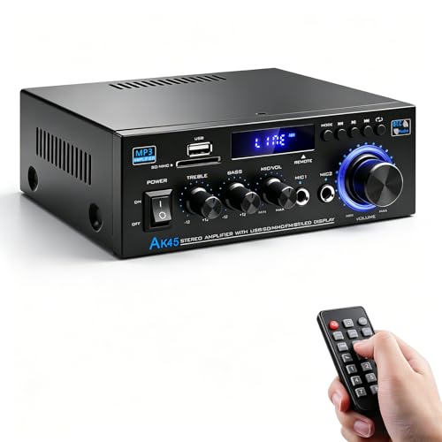 Bluetooth 5.0 Audio Amplifier Receiver AK45 HiFi Stereo Mini Power Amps | RMS 40W x 2 Max. 600W 2.0 Channel Home Theater Audio Components Speakers Amp W/MIC,USB, RCA,FM Radio - color: AK-45(2.0CH 40W+40W RMS)