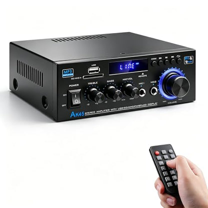 Bluetooth 5.0 Audio Amplifier Receiver AK45 HiFi Stereo Mini Power Amps | RMS 40W x 2 Max. 600W 2.0 Channel Home Theater Audio Components Speakers Amp W/MIC,USB, RCA,FM Radio - color: AK-45(2.0CH 40W+40W RMS)