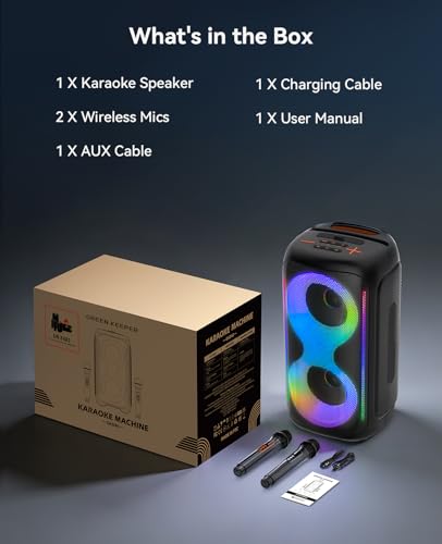 GKD40 Portable Karaoke Machine for Kids & Adults, Bluetooth Speaker with PA System, 2 Wireless Rechargeable Microphones, LED Party Speaker with 4' Woofers & LED Light for Home, Outdoor Party & Singing