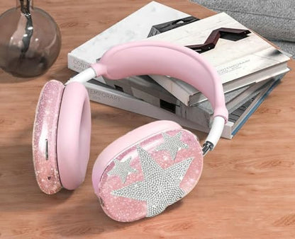 [4 in 1] Case Cover for AirPods Max 2/1 (2026/2024/2020) Ear Pad Case Cover/Headband Cover/Ear Cups Cover with Bling Star for Apple AirPods Max Headphones (Bling Light Pink Stars) - color: Shinning Pink Star