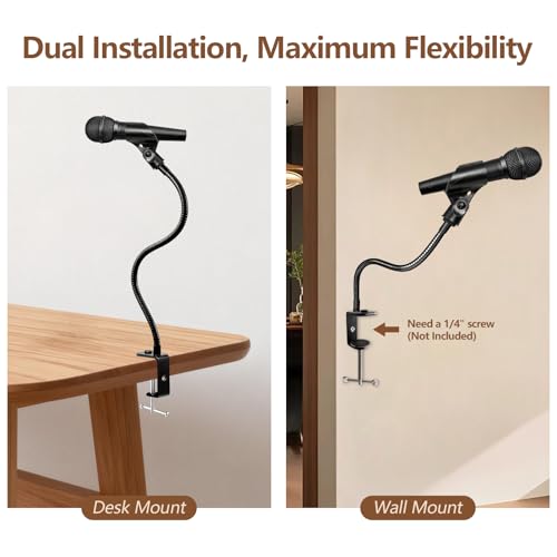 2 In 1 Gooseneck Mic Stand with Phone Clip, 13 Inch Flexible Mic Arm Desk Mount for Podium, Lecture, Podcast, Studio, Microphone Holder Compatible with Shure SM58, Beta 58A, Samson Q2U