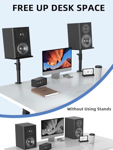 suptek Clamp-on Speaker Stand Desk Mount Set, Height Adjustment, ±12° Tilt, Swivel, 9.6 x 8.8 inch Trays, Universal Audio Holders for Bookshelf Speakers, Elevated Sound, 2 Pack, Black, SDM001GTB - size: Tilt Speaker Stands