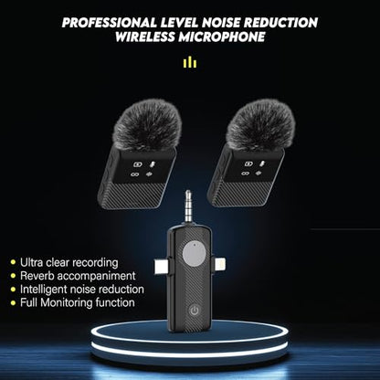 3 in 1 Dual Wireless Lavalier Mic System for iPhone and USB-C Android, Plug & Play, Noise Reduction, 30M Range, for Creators, Interviews & Live Streaming | Plug and play, noise reduction, two mics with compact receiver, for interviews, live streaming, pod