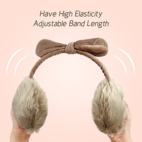 POXIMI Women Winter Earmuffs Girl Ski Adjustable Ear Covers for Kid Cute Bow Ear Warmer Outdoor Earmuff Fleece Lining - color: B-khaki