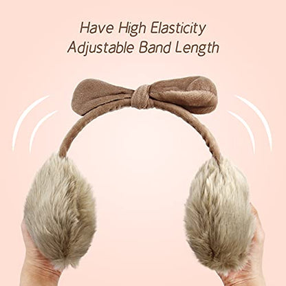 POXIMI Women Winter Earmuffs Girl Ski Adjustable Ear Covers for Kid Cute Bow Ear Warmer Outdoor Earmuff Fleece Lining - color: B-khaki