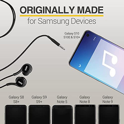ElloGear 2023 OEM Earbuds Stereo Headphones for Samsung Galaxy S10 S10e Plus A31 A71 Cable - Designed by AKG - with Microphone and Volume Buttons (Black) with Carrying Pouch