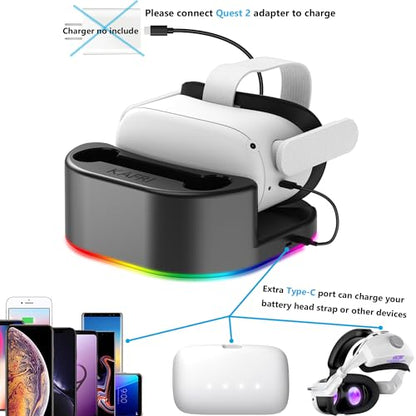 KAFRI Charging Dock for Meta/Oculus Quest 3/3s/2 Headset, VR Accessories Charger Station with RGB Light, Display Stand and 2 USB C Charger for Head Strap or Other Devices, Gamer Gift for Men Boyfriend