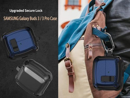 Galaxy Buds 3 Pro/3/3 FE Case Cover with Secure Lock Clip, Shockproof Samsung Galaxy Buds3/3 Pro 2024/3 FE 2025 Protective Hard Cover Shell with Carabiner&Cleaner kit for Men Women, CF Black/Blue - color: AA-Black/Blue