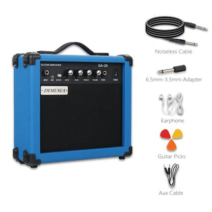 20W Electric Guitar Blue Amplifier Guitar Amp Practice Small Portable Travel with Headphone Jack Aux Distortion Gain Treble Bass Volume with 3 Meters Cable Adapter Pick Earphone Aux Cable - color: Blue