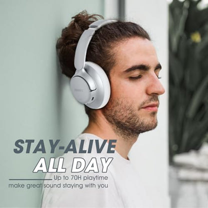 BERIBES Hybrid Active Noise Cancelling Headphones Wireless Over Ear 70Hours | Foldable Bluetooth 6.0,Transparent Modes,3.5MM Cable,Lightweight Built-in Mic,HiFi Stereo Deep Bass,Soft-Earpad,Fast Charging - color: Silver