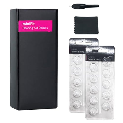 MiniFit Power Domes for Oticon Hearing Aids, 6mm, 20 Pieces | Soft silicone, fits Oticon Opn, Nera, Alta and RITE models, not for Corda tubes, includes cleaning brush and cloth, 2 packs - size: 6MM