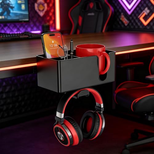 Desk Cup Holder Clamp, Clip On Drink Holder with Rotating Headphone Hanger | 4 in 1 Anti-Spill Desktop Organizer Pen Holder for Mug, Pen, Phone, Gaming Office Desk Accessories - color: Detachable Desk Cup Holder