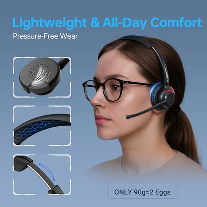 Work from Home Headset, Wireless Mic Headset for Office Noise Cancel Calls | One-Touch Mic Mute & 2.4G USB Dongle, Touch Screen Smart Dock, Work with Teams, Zoom & PC