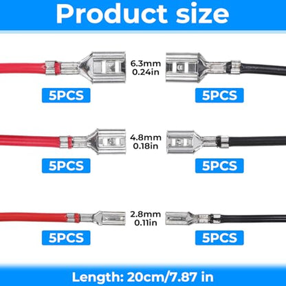 30Pcs 2.8mm 4.8mm and 6.3mm Female Spade Crimp Terminal with Insulating Sleeve and Wire, Red+Black Quick Splice Connector Kit for Speaker Wire, Crimp Terminal Assortment with 20cm Wires