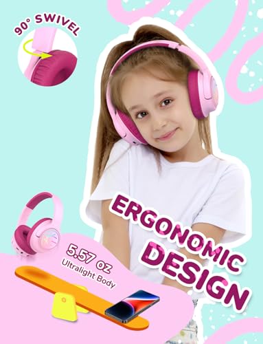 iClever BTH18 Kids Bluetooth Headphones LED Lights for Toddler Boys Girls | SafeSound Tech, 43H Playtime Stereo Sound, USB C Charging AUX Cable, Over Ear Kids Headphones Wireless for iPad/Tablet/Travel - color: A-Blossom Pink