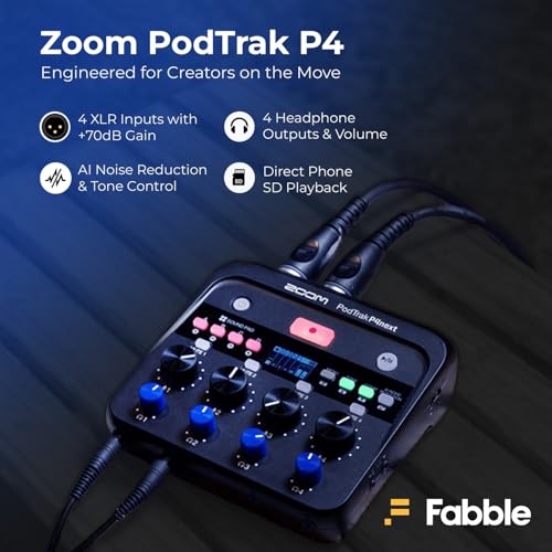 Zoom PodTrak P4next Portable Multitrack Podcast Recorder Bundle with Microphones, Headphones, Windscreens, Desktop Mic Stand, XLR Cables, Charger, and 64GB Card
