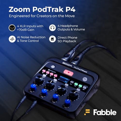 Zoom PodTrak P4next Portable Multitrack Podcast Recorder Bundle with Microphones, Headphones, Windscreens, Desktop Mic Stand, XLR Cables, Charger, and 64GB Card