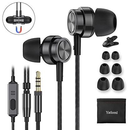 Yatloml Wired Earbuds with Microphone, in Ear Headphones Wired with Heavy Bass Noise Isolation Magnetic Earphones Cord Plug in Laptop Tablet MP3 Phones and All 3.5mm Jack Devices - color: Black