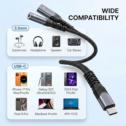 USB C to 3.5mm Headphone and Charger Adapter 2 Pack, 2 in-1 USB C PD 3.0 Charging Port to Aux Audio Jack and Fast Charging Dongle Cable Cord for iPhone 17 Iphone16, iPhone 15, Galaxy - size: 2-Pack