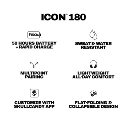 Skullcandy Icon 180 Wireless On-Ear Bluetooth Headphones - Future | 50 Hours Battery, Lightweight and Travel Ready, Secure Fit, Sweat and Water Resistant, Microphone iPhone Android, Foldable - color: Future