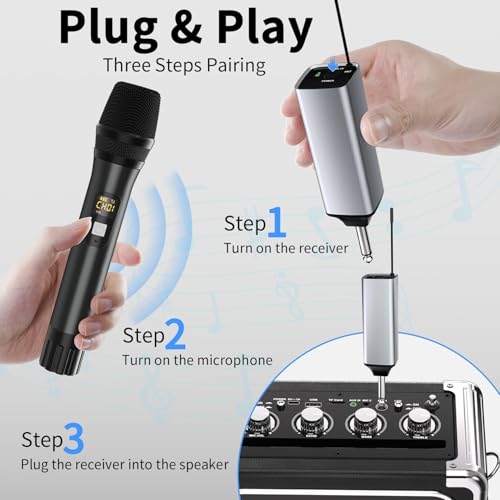 Wireless Microphone, UHF Handheld Cordless Dynamic Mic, 200ft Auto Connect | 2 Dual Metal Mic System Set with Rechargeable Receiver, for Karaoke Singing Speech Party Wedding Church Home KTV