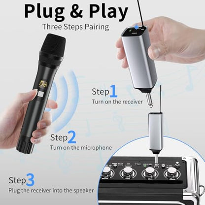 Wireless Microphone, UHF Handheld Cordless Dynamic Mic, 200ft Auto Connect | 2 Dual Metal Mic System Set with Rechargeable Receiver, for Karaoke Singing Speech Party Wedding Church Home KTV