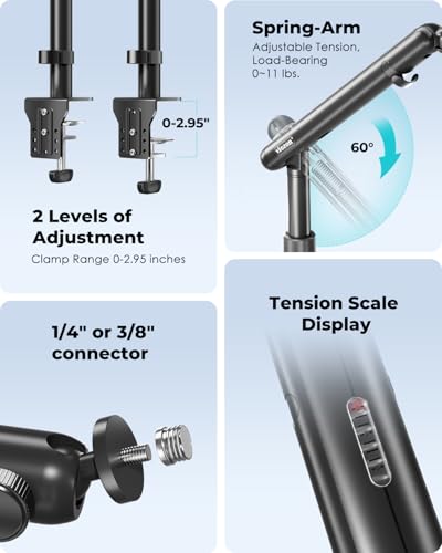 Viozon Overhead Camera Mount, Overhead Phone Stand, Flexible Aluminum Alloy Spring Arm with 360° Ball Head,1/4"&3/8" Interface for DSLR Camera/Rrojector/Microphone/Ring Light/Webcam/Phone